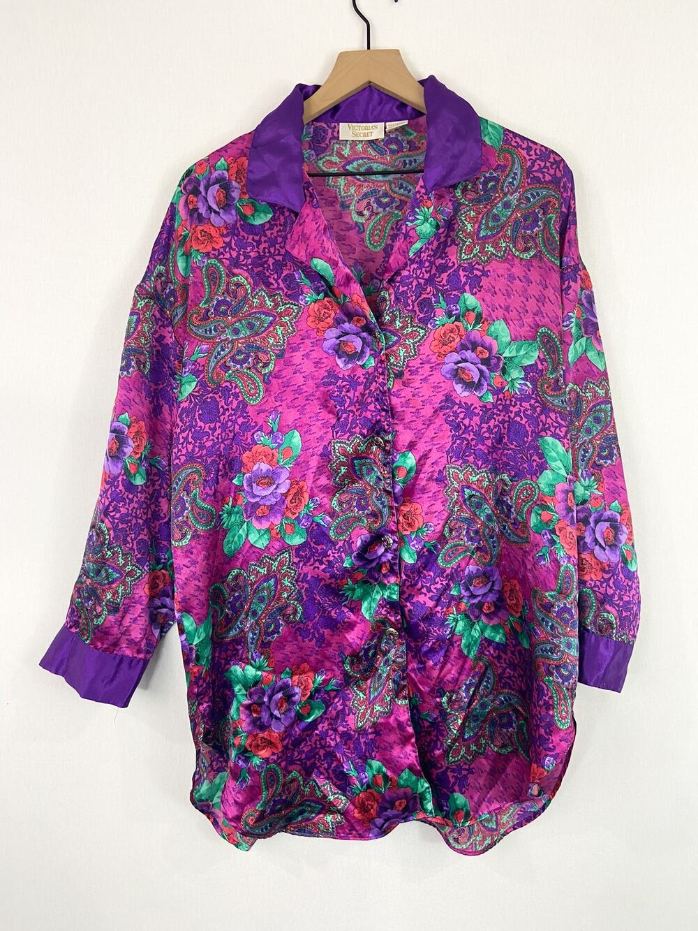 Vintage Victoria's Secret Gold Label Jewel Tone Satin Sleep Shirt Dress M/L